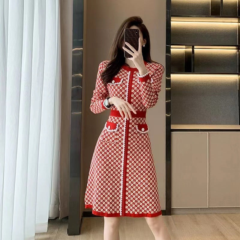 Classic Style Red Plaid Knitted Dress For Women