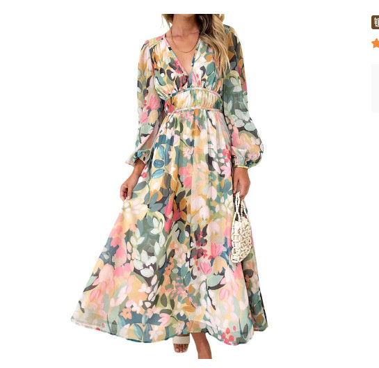Deep V Print High Waist Long Sleeves Dress Women