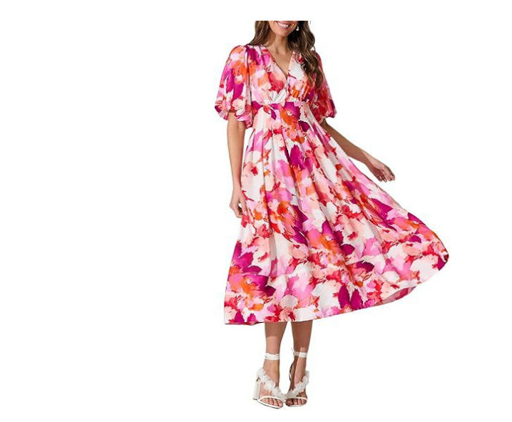 Deep V Print High Waist Long Sleeves Dress Women