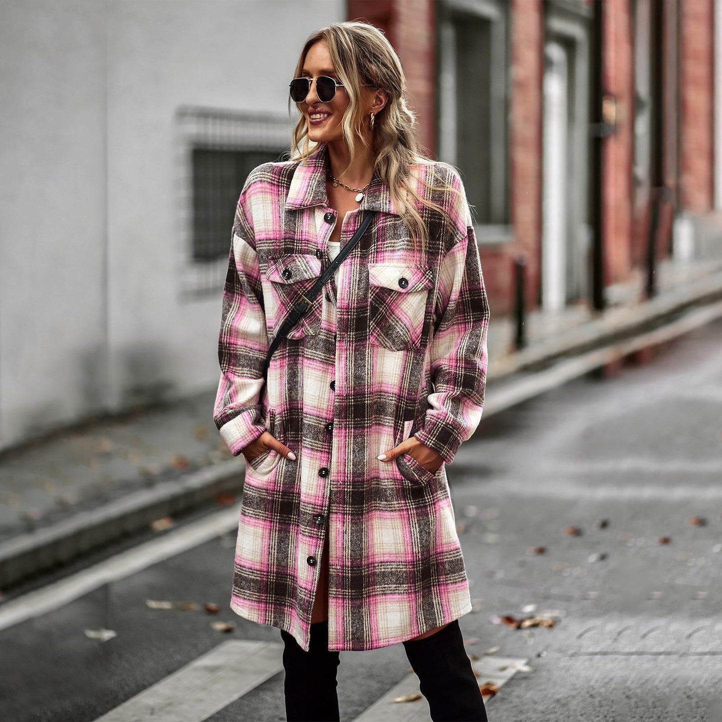 Temperament Leisure Long Plaid Tup Cardigan Winter Coat