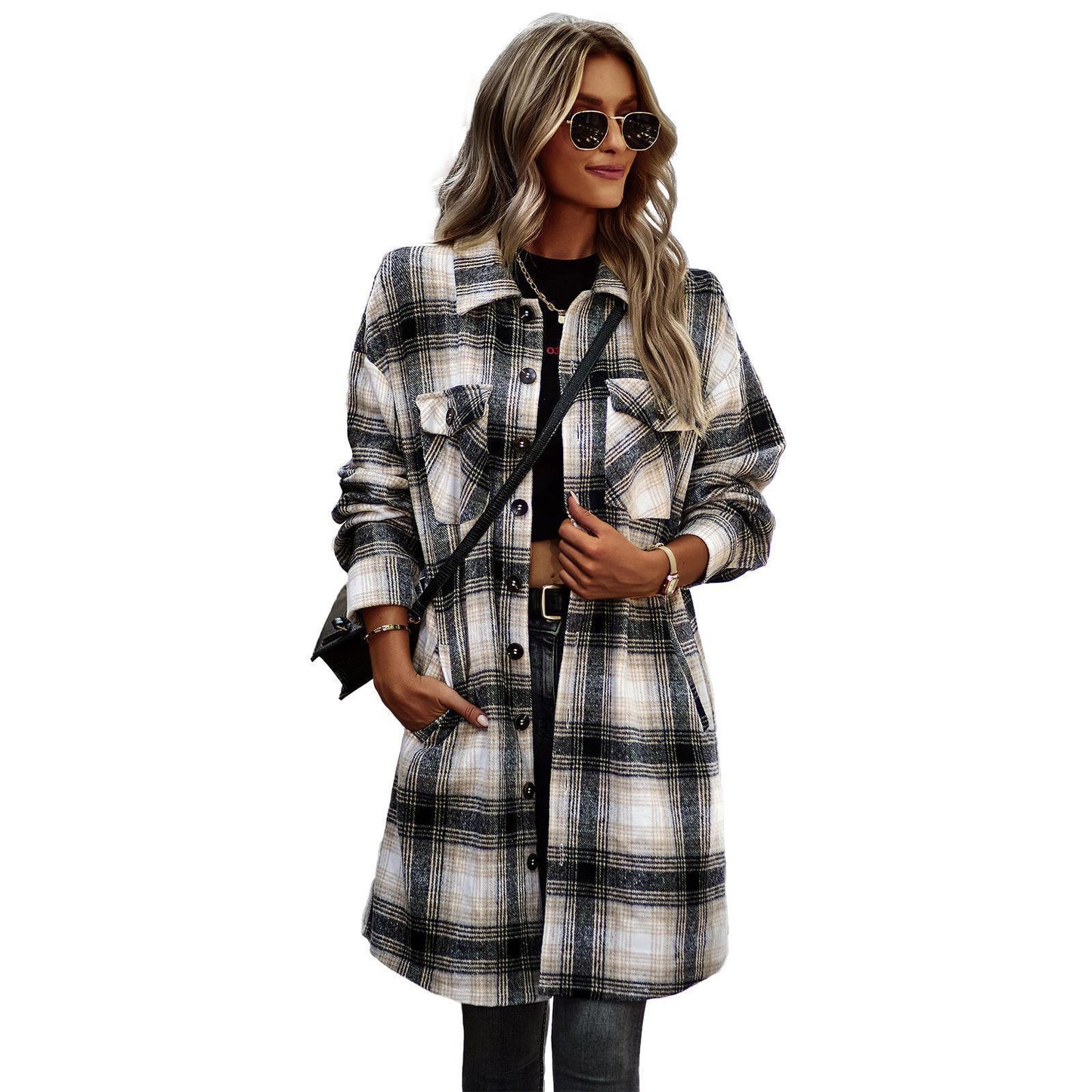 Temperament Leisure Long Plaid Tup Cardigan Winter Coat