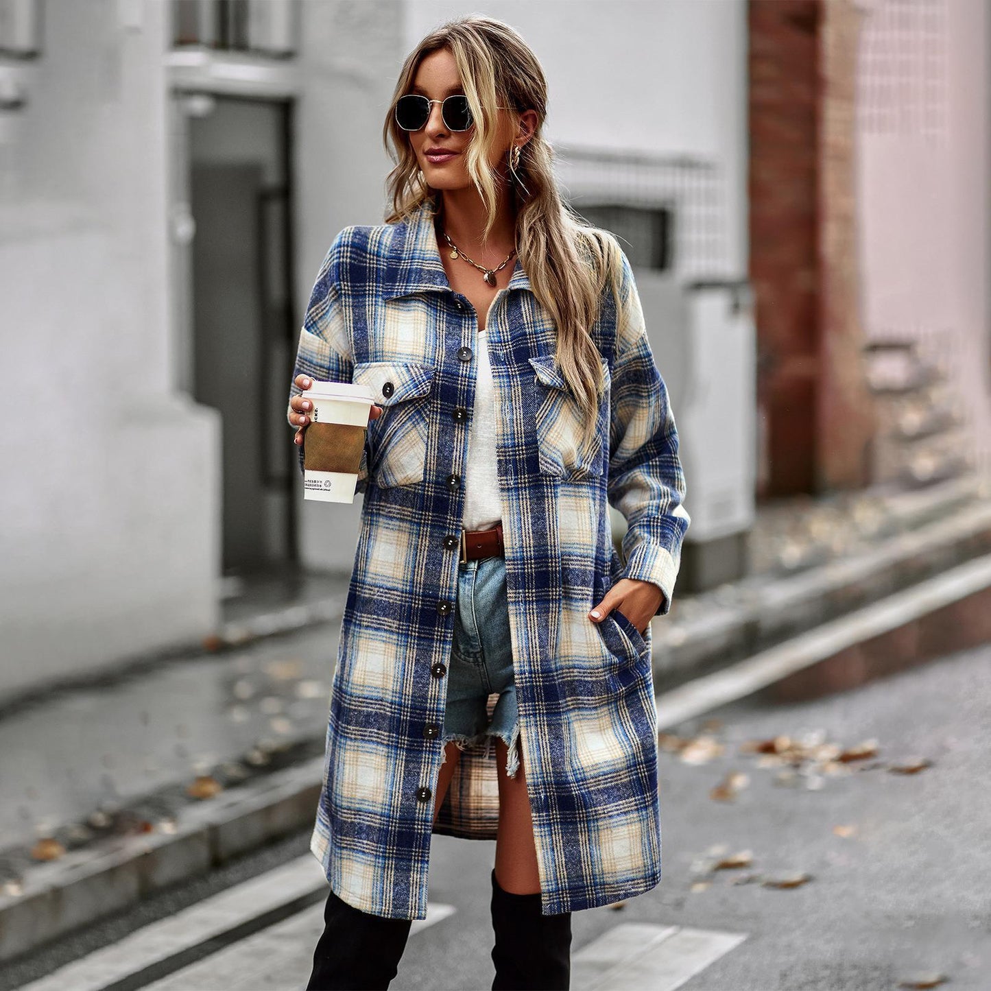 Temperament Leisure Long Plaid Tup Cardigan Winter Coat