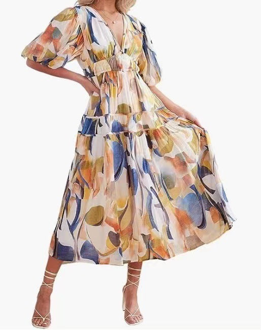 Deep V Print High Waist Long Sleeves Dress Women