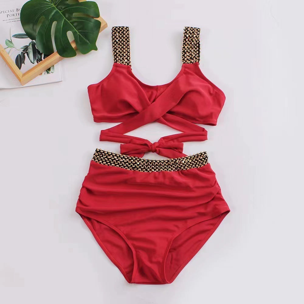Ladies Two-Piece Bikini Crossover High Waist Swimsuit