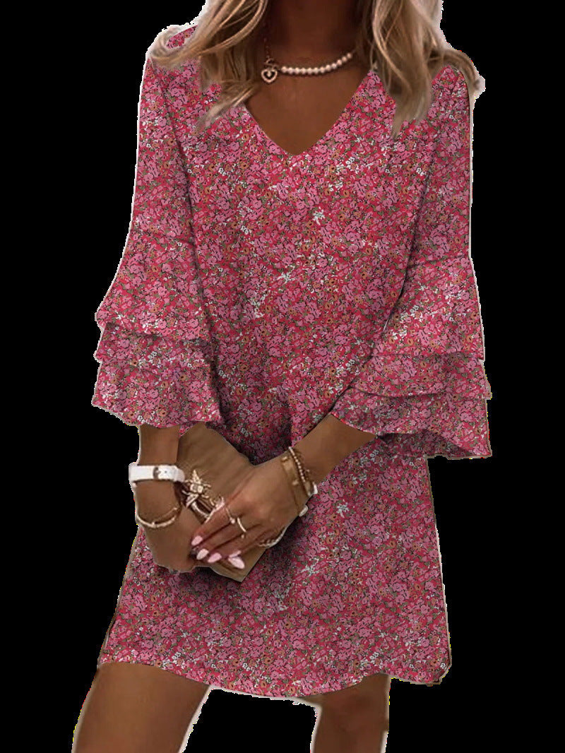 Five-quarter Sleeve Ruffled V-neck Color Dress Women