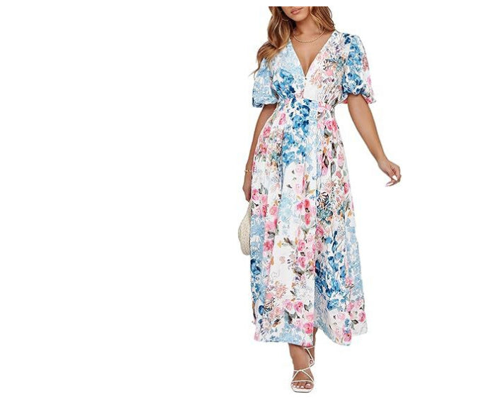 Deep V Print High Waist Long Sleeves Dress Women