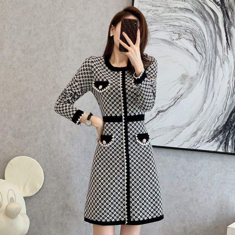 Classic Style Red Plaid Knitted Dress For Women
