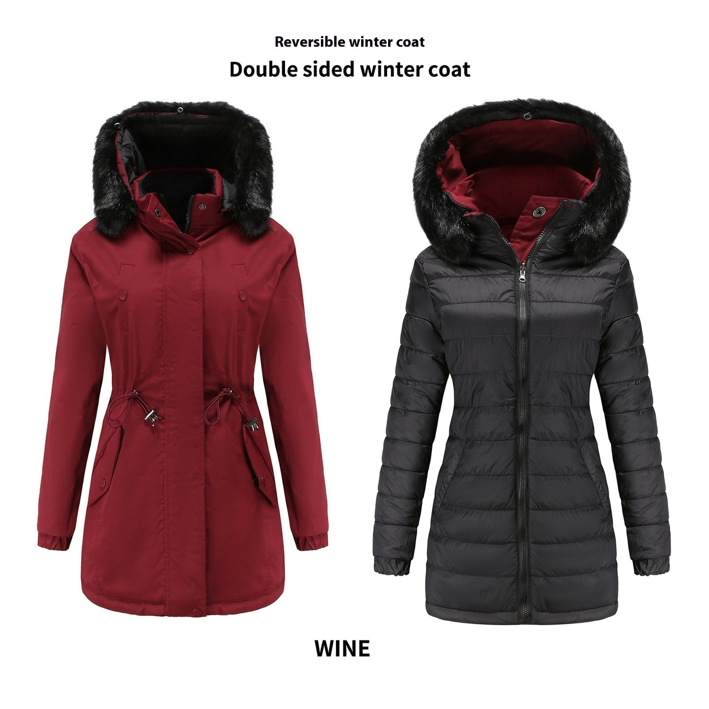 Double-sided Detachable Fur Collar Hat Quilted Parka