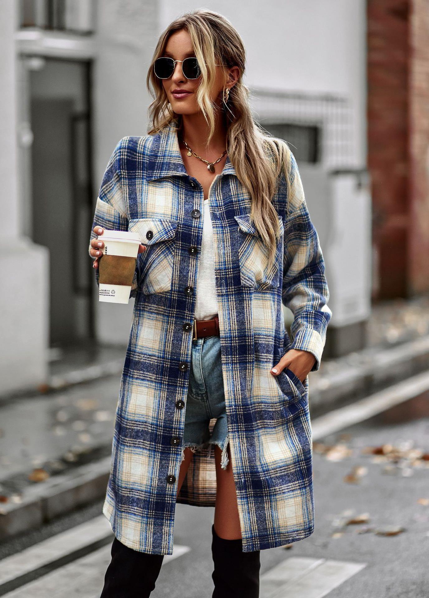 Temperament Leisure Long Plaid Tup Cardigan Winter Coat