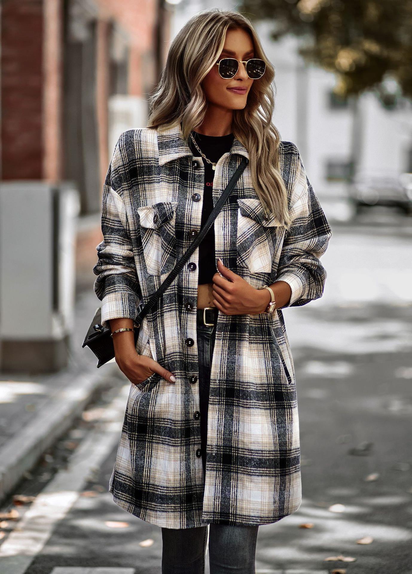 Temperament Leisure Long Plaid Tup Cardigan Winter Coat