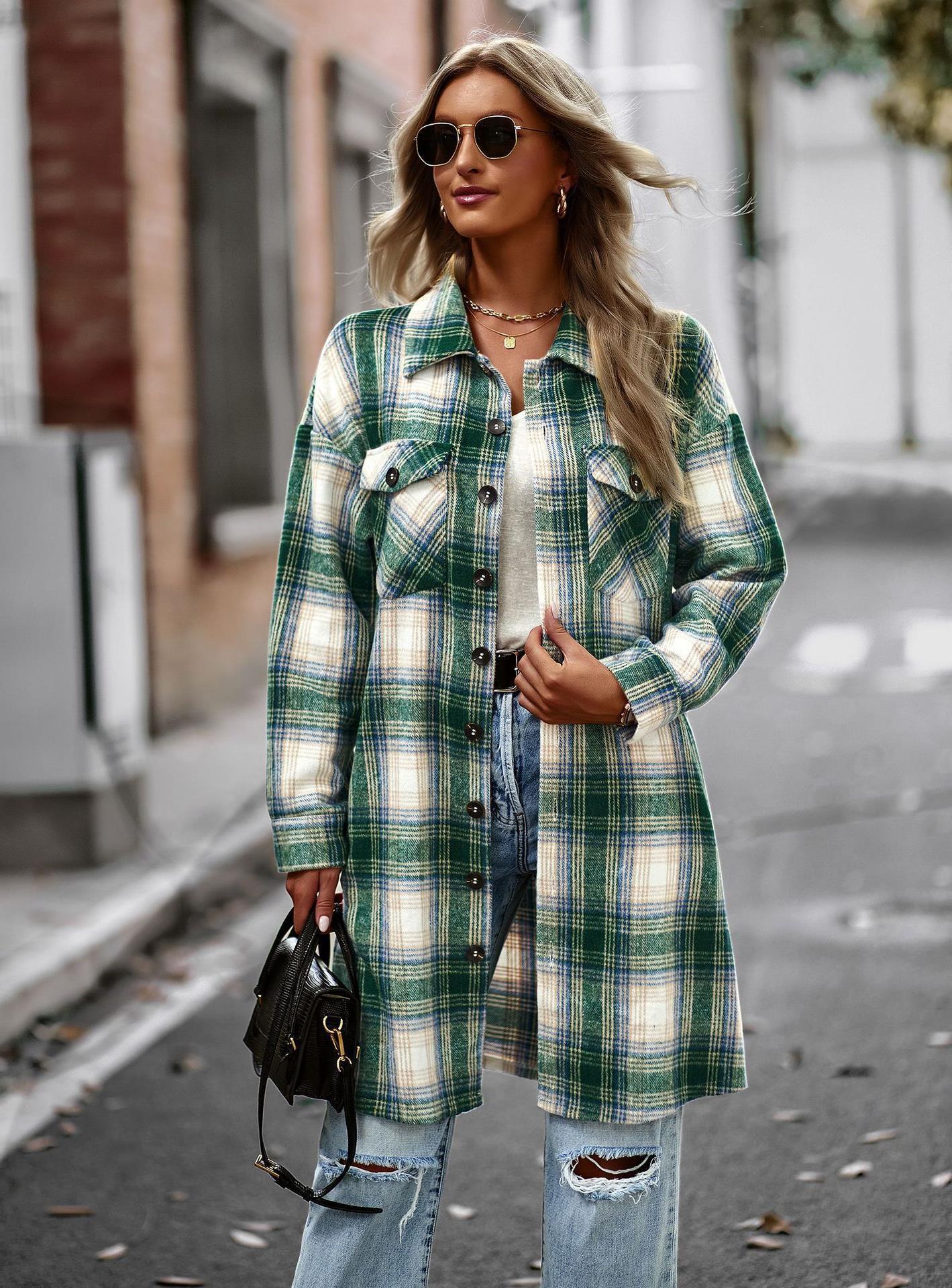 Temperament Leisure Long Plaid Tup Cardigan Winter Coat