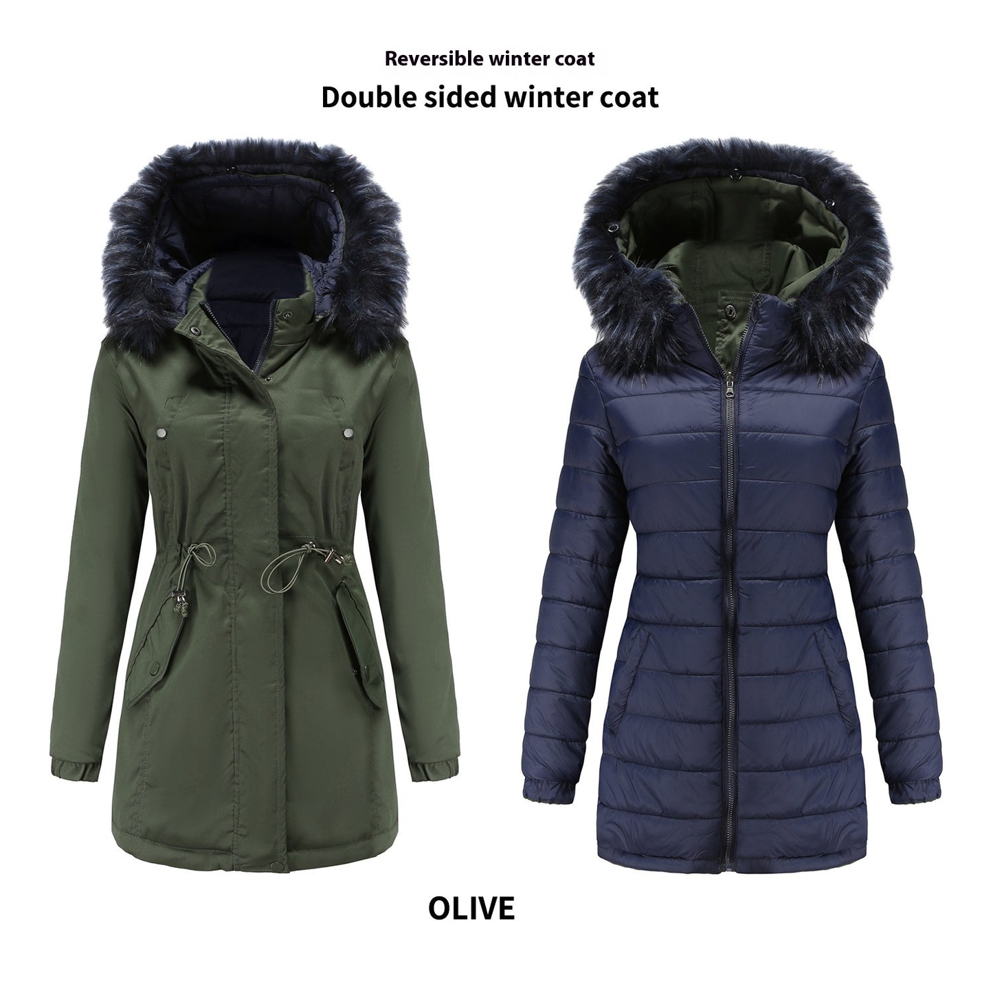 Double-sided Detachable Fur Collar Hat Quilted Parka