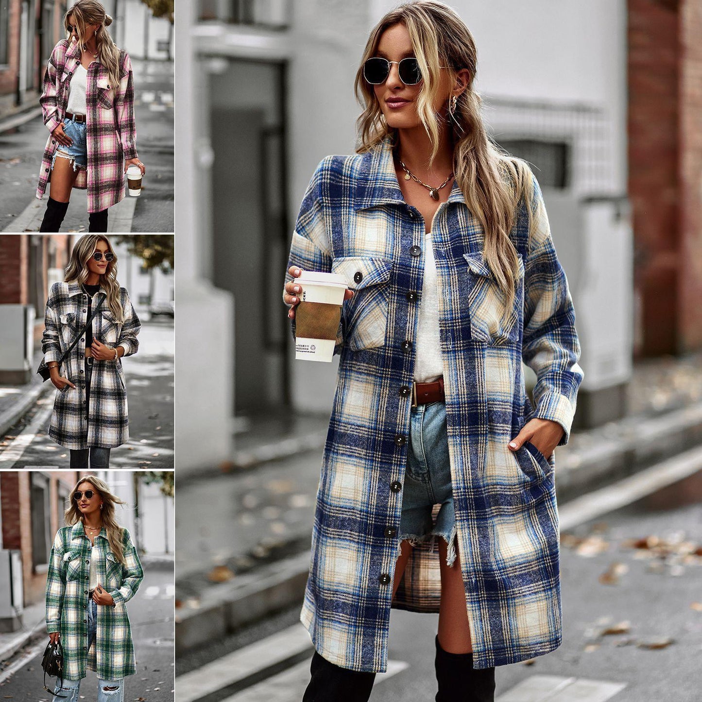 Temperament Leisure Long Plaid Tup Cardigan Winter Coat