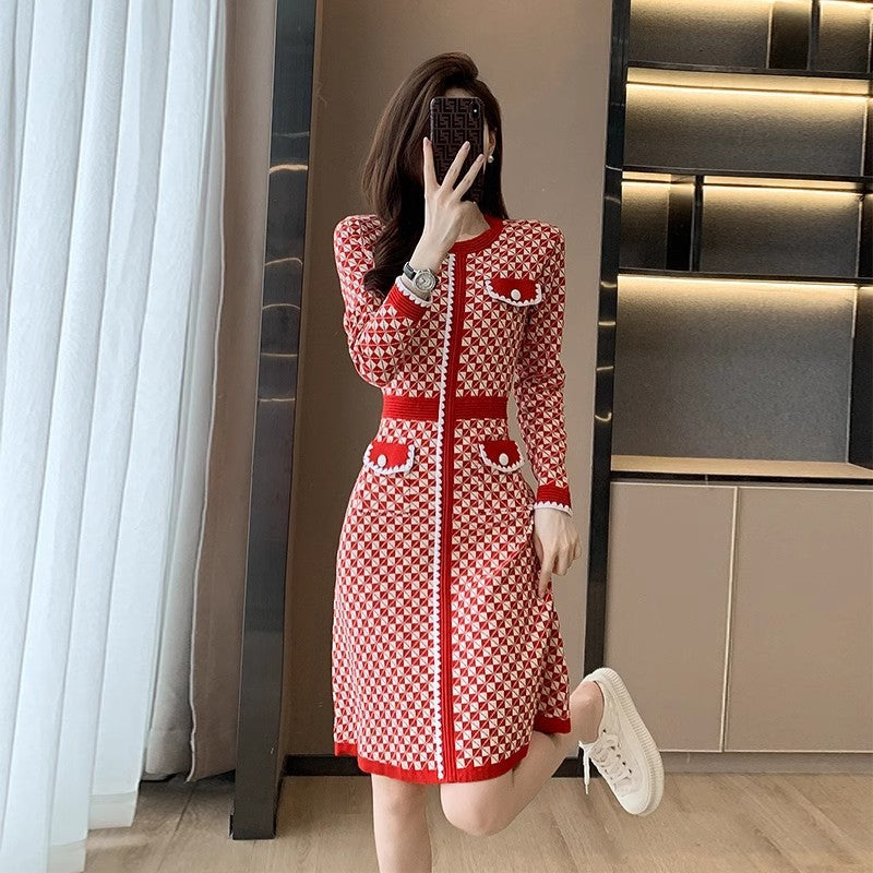 Classic Style Red Plaid Knitted Dress For Women