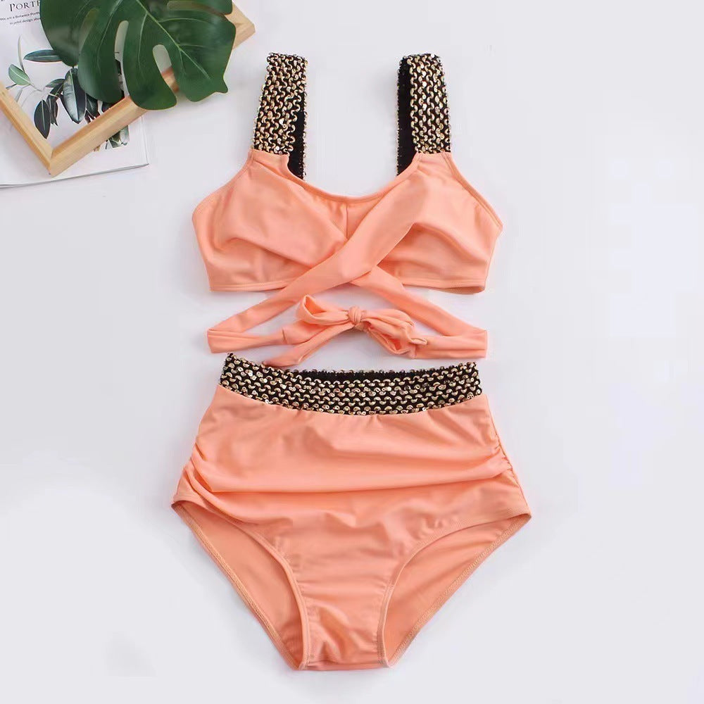 Ladies Two-Piece Bikini Crossover High Waist Swimsuit