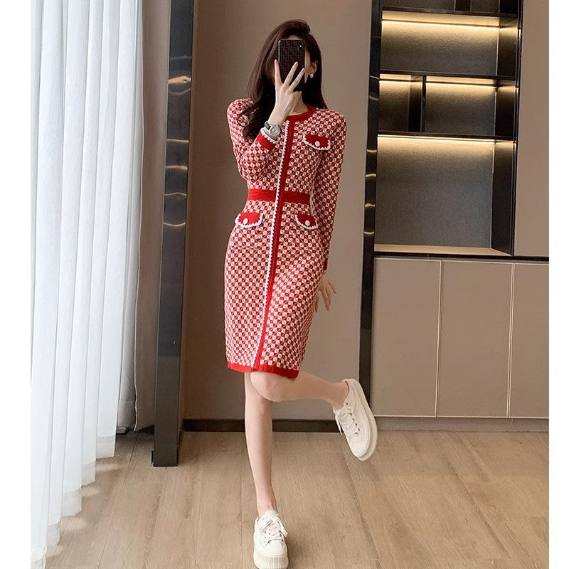 Classic Style Red Plaid Knitted Dress For Women