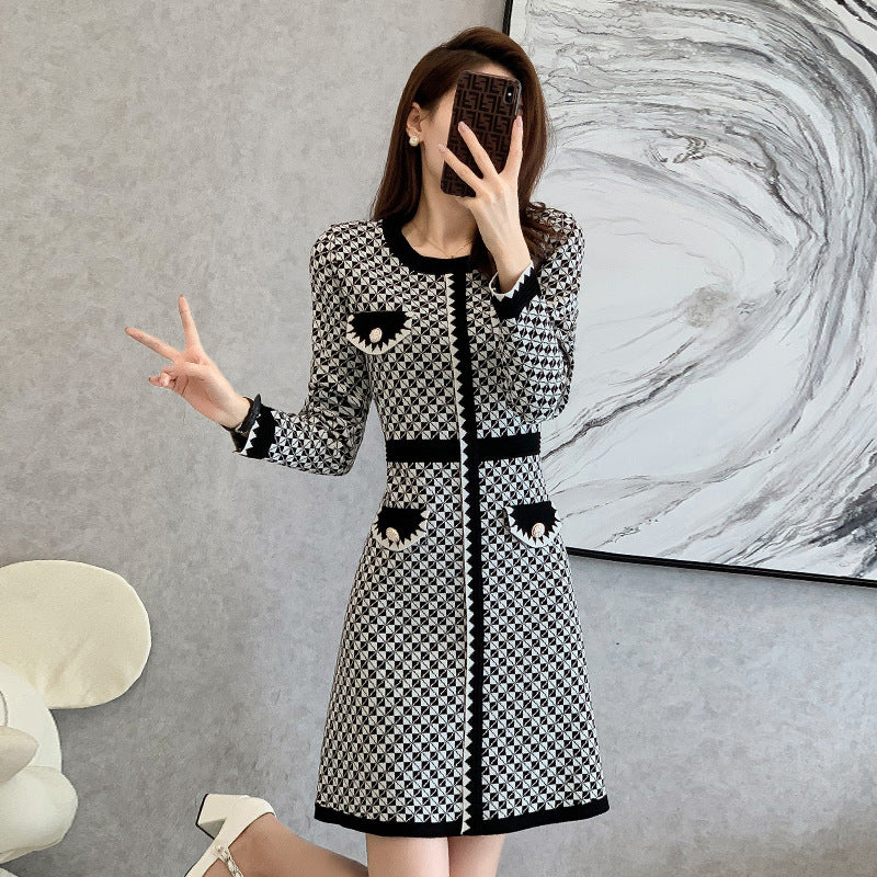 Classic Style Red Plaid Knitted Dress For Women