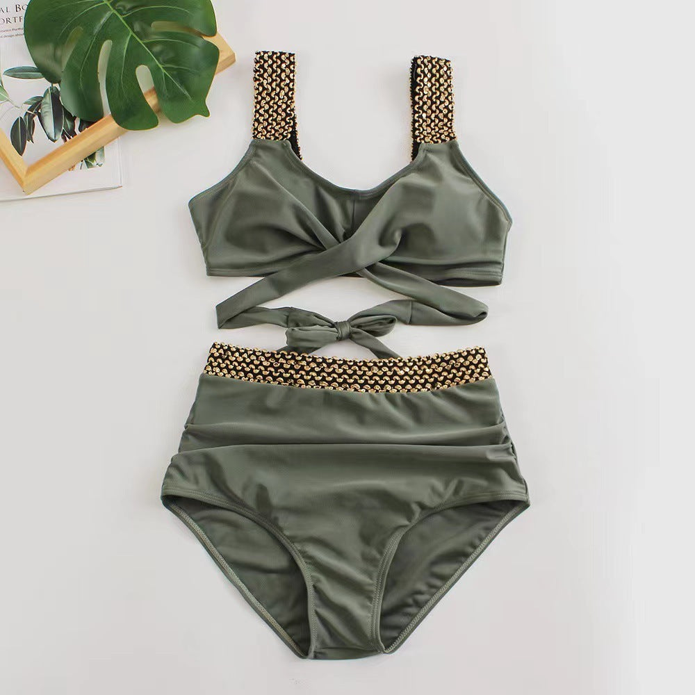 Ladies Two-Piece Bikini Crossover High Waist Swimsuit