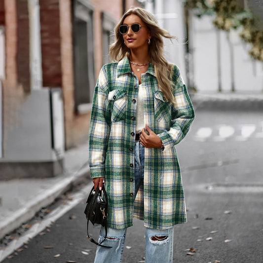 Temperament Leisure Long Plaid Tup Cardigan Winter Coat