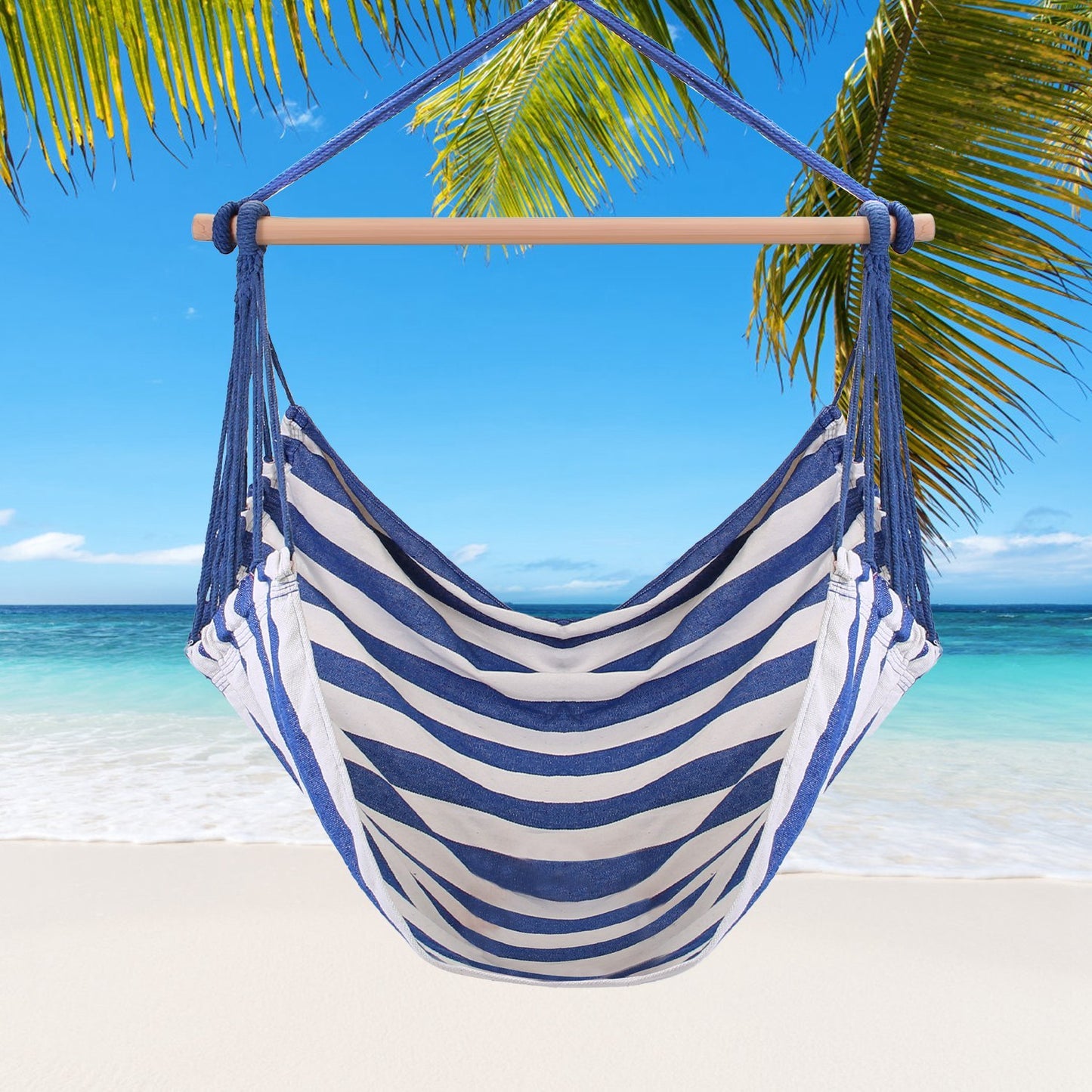 1Pc Hammock Hanging Chair Canvas Porch Patio Swing Seat Portable Camping Rope Seat Wooden Stick Hammock Chair With 2 Pillows 265LBS Load-bearing