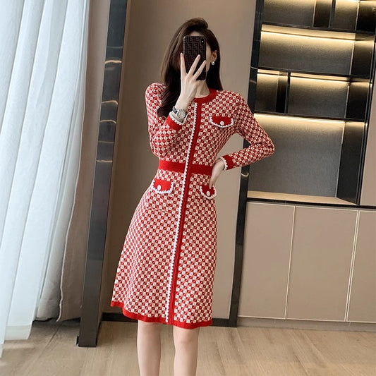 Classic Style Red Plaid Knitted Dress For Women
