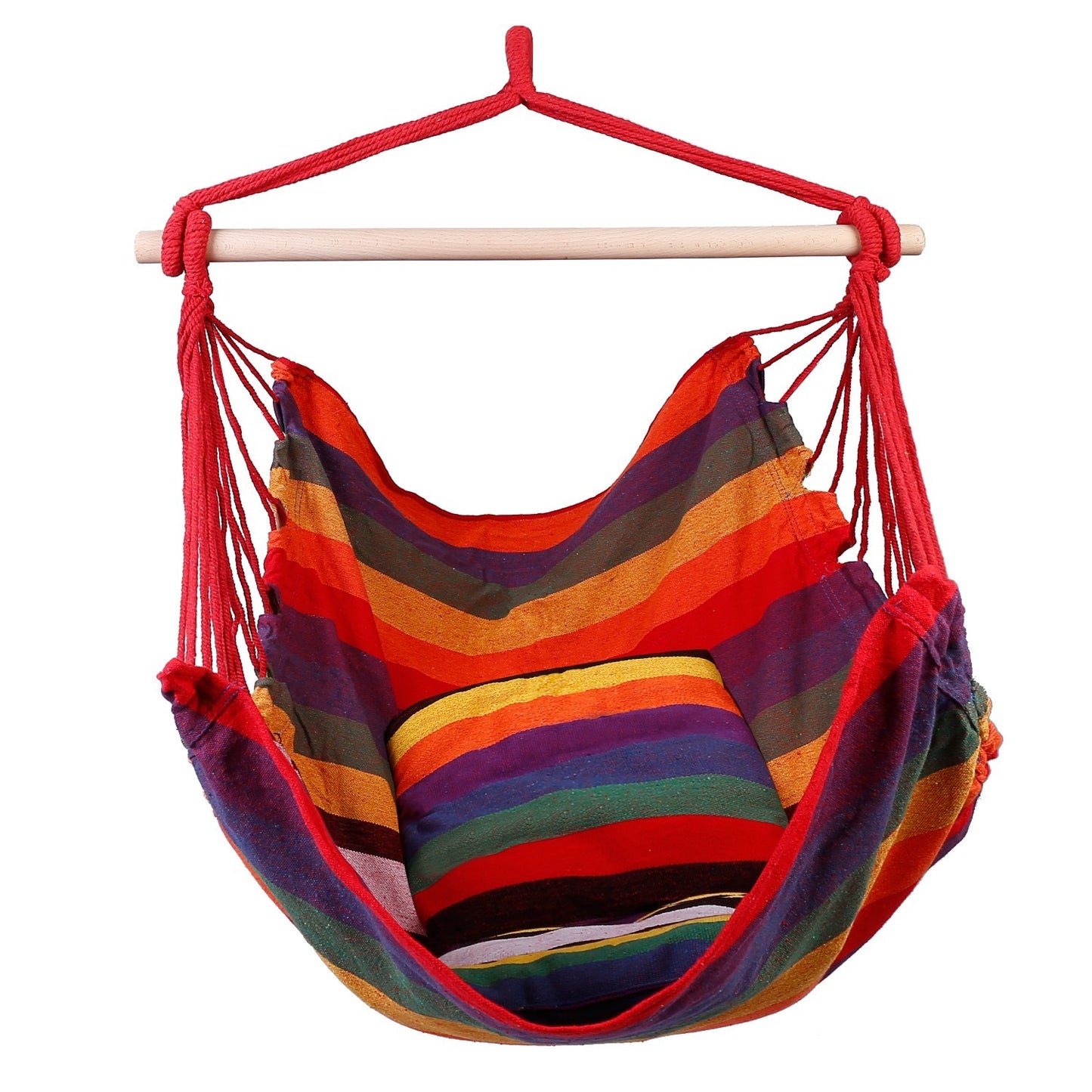 1Pc Hammock Hanging Chair Canvas Porch Patio Swing Seat Portable Camping Rope Seat Wooden Stick Hammock Chair With 2 Pillows 265LBS Load-bearing