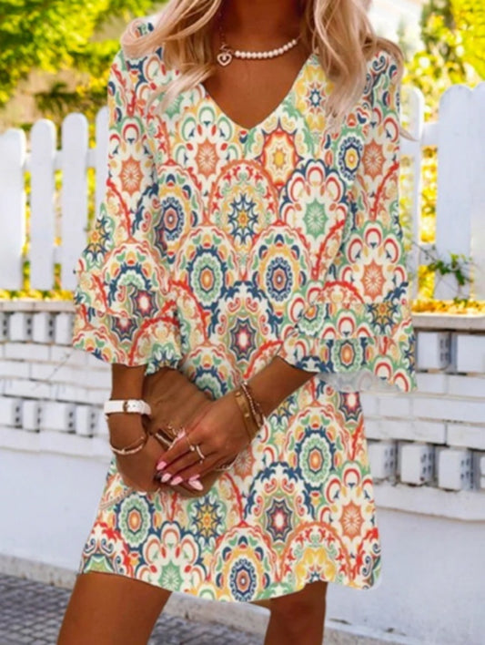 Five-quarter Sleeve Ruffled V-neck Color Dress Women