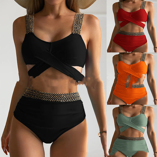 Ladies Two-Piece Bikini Crossover High Waist Swimsuit