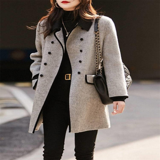 Casual Contrast Color Peter Pan Collar Reversible Woolen Coat