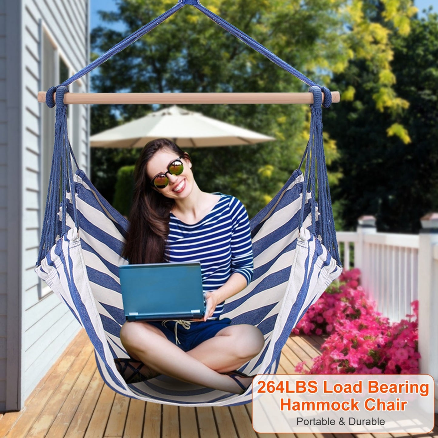 1Pc Hammock Hanging Chair Canvas Porch Patio Swing Seat Portable Camping Rope Seat Wooden Stick Hammock Chair With 2 Pillows 265LBS Load-bearing