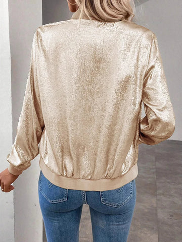 Autumn Lightweight Zip Up Long Sleeve Women's Jacket Glitter Zipper Woman Bomber Jackets Fashion Elegant Party Jackets Coats