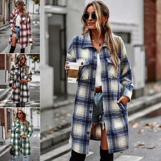 Temperament Leisure Long Plaid Tup Cardigan Winter Coat