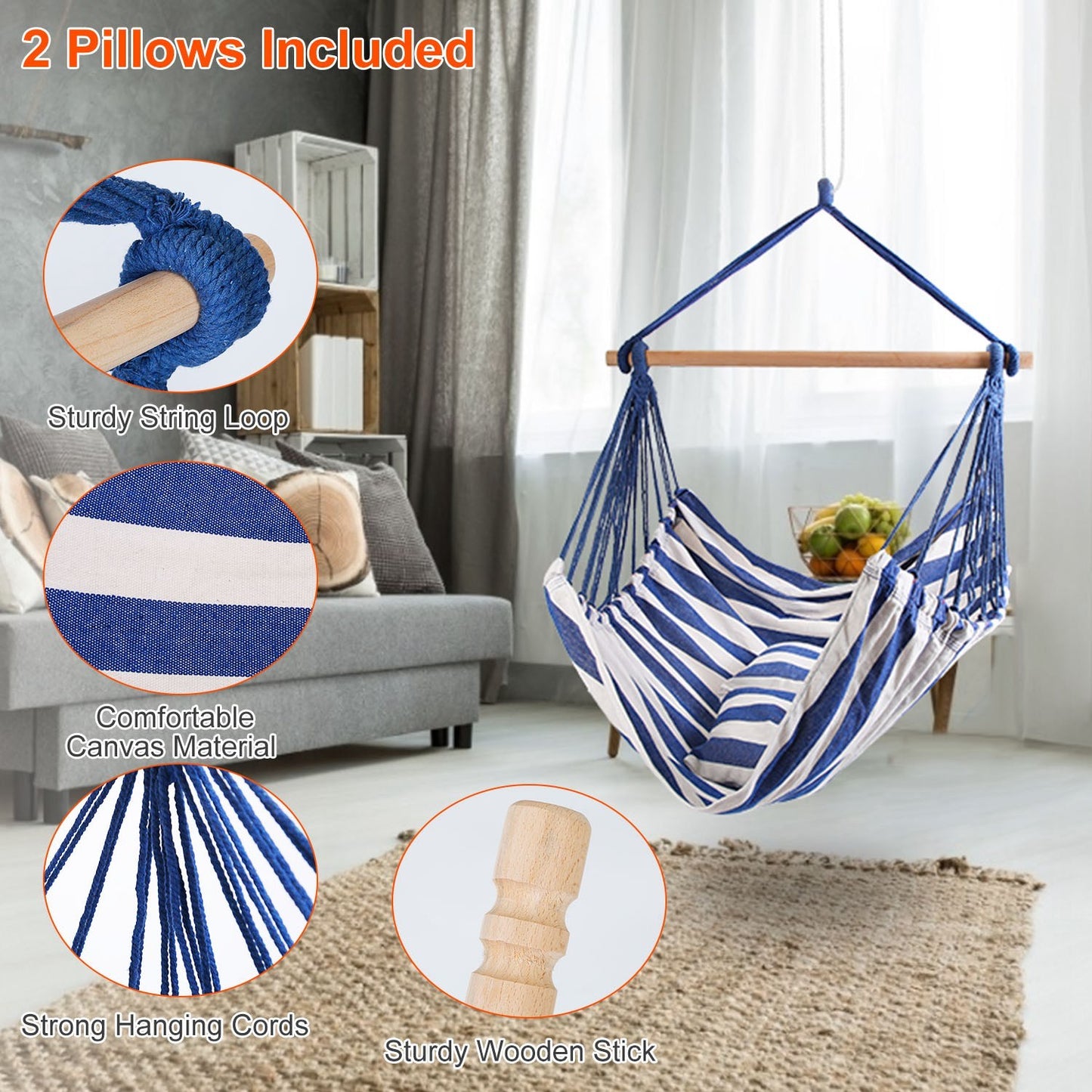 1Pc Hammock Hanging Chair Canvas Porch Patio Swing Seat Portable Camping Rope Seat Wooden Stick Hammock Chair With 2 Pillows 265LBS Load-bearing