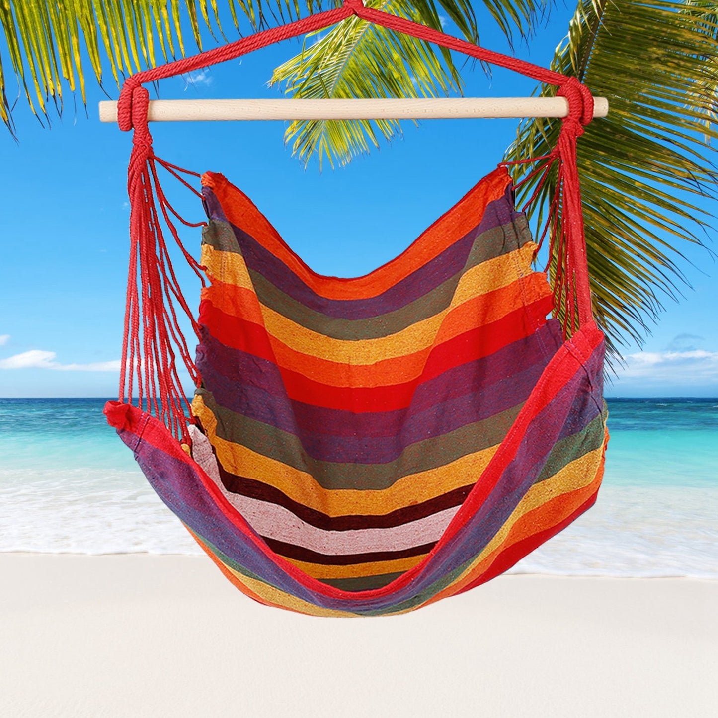 1Pc Hammock Hanging Chair Canvas Porch Patio Swing Seat Portable Camping Rope Seat Wooden Stick Hammock Chair With 2 Pillows 265LBS Load-bearing